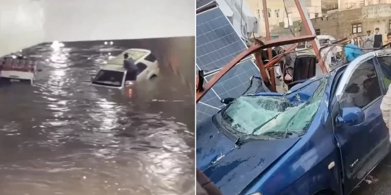 Sana’da şiddetli fırtına ve sel: Araçlar sular altında kaldı